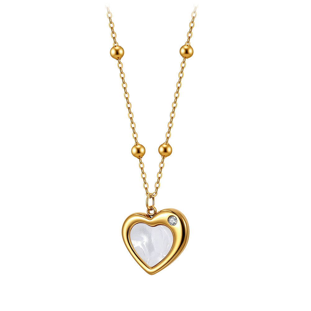 Gold Stainless Steel Heart Pendant Necklace, White Mother of Pearl Inlay Heart Charm with Single Clear CZ, Station Bead Rolo Chain