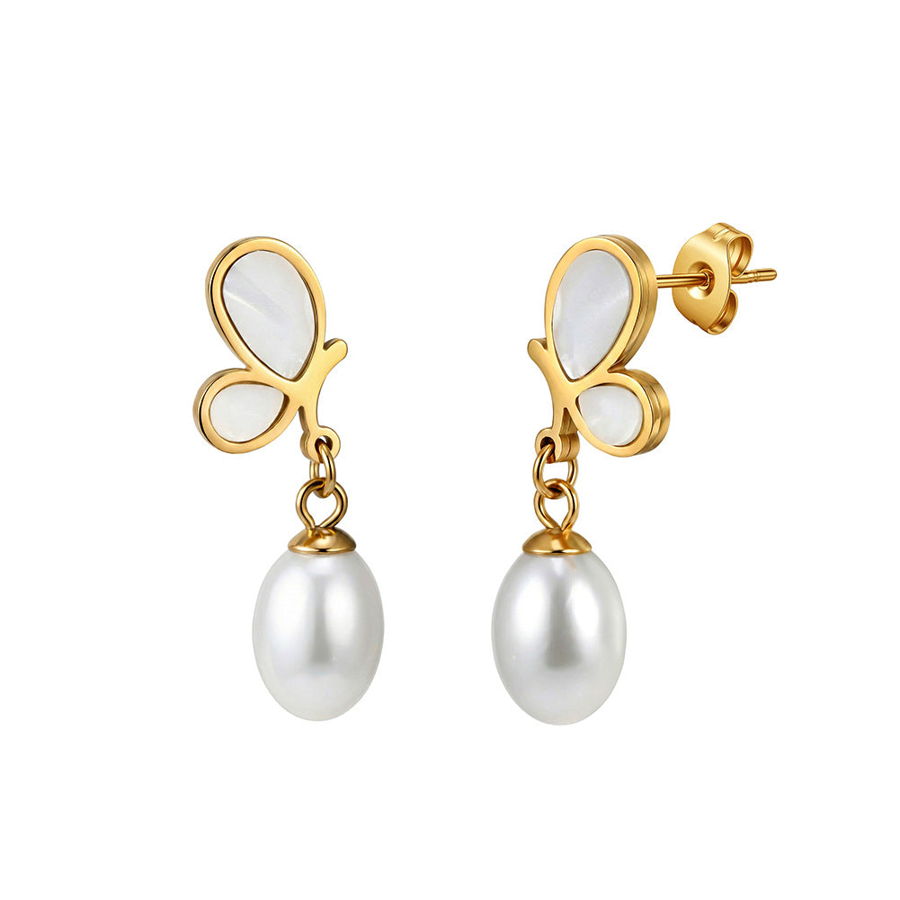 Gold Plated Stainless Steel Mother of Pearl Butterfly Faux Pearl Drop Stud Earrings