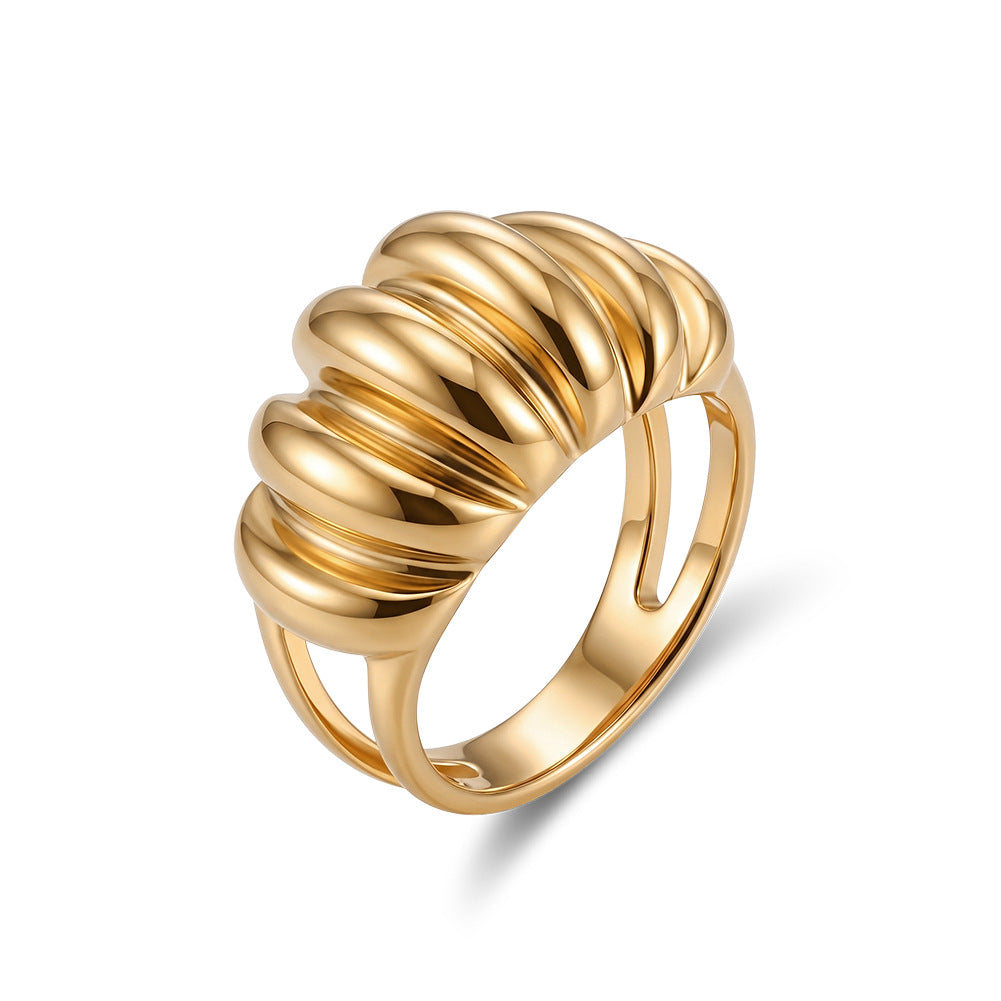 Gold Plated Stainless Steel Statement Ring, Chunky Ribbed Shell Texture Open Band