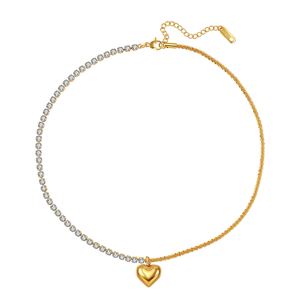 Gold Stainless Steel Two-Tone Choker Necklace, Half Tennis CZ Chain & Half Sparkle Chain with Puffy Heart Charm