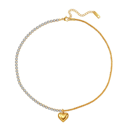 Gold Stainless Steel Two-Tone Choker Necklace, Half Tennis CZ Chain & Half Sparkle Chain with Puffy Heart Charm