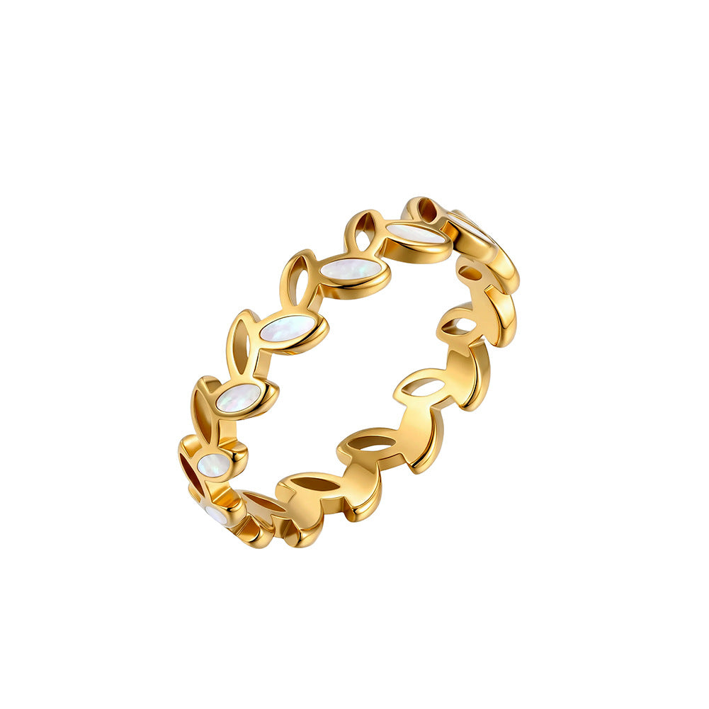 Gold Plated Stainless Steel Link Ring, Interlocking Cutout Links with Inlaid Mother of Pearl