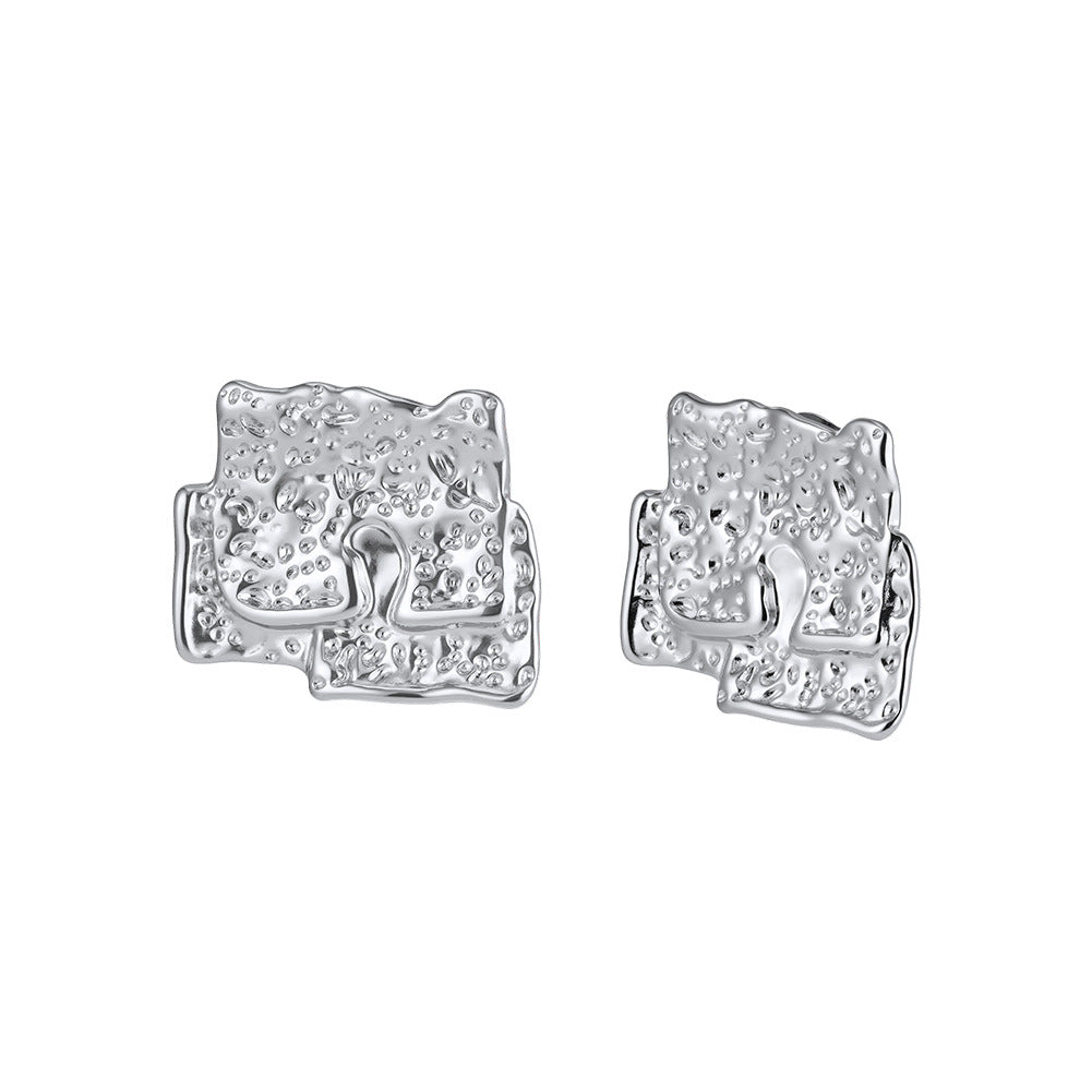 Silver Stainless Steel Hammered Textured Square Statement Stud Earrings