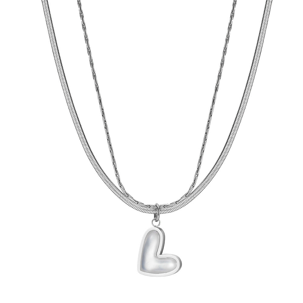 Silver Stainless Steel Double Layered Heart Necklace, Herringbone & Paperclip Chain Stacked 3D Puffy Heart Pendant