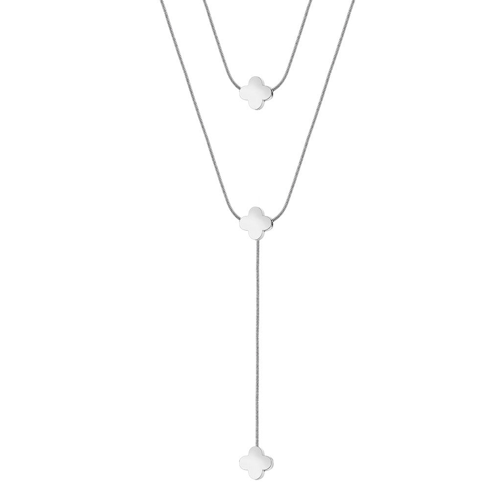 Gold Stainless Steel Multi Layer Y-Shape Clover Necklace, Triple Plain Four Leaf Clover Charms Snake Chain Lariat Style