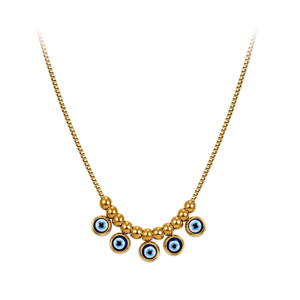 Gold Stainless Steel Evil Eye Beaded Necklace, Blue Enamel Evil Eye Charms with Gold Round Ball Beads, Box Chain