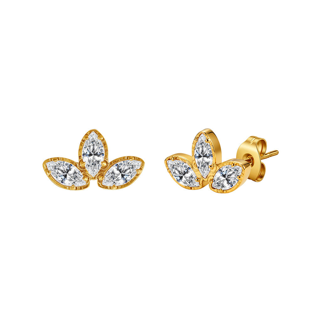 Gold Plated Stainless Steel Marquise CZ Three-Leaf Stud Earrings
