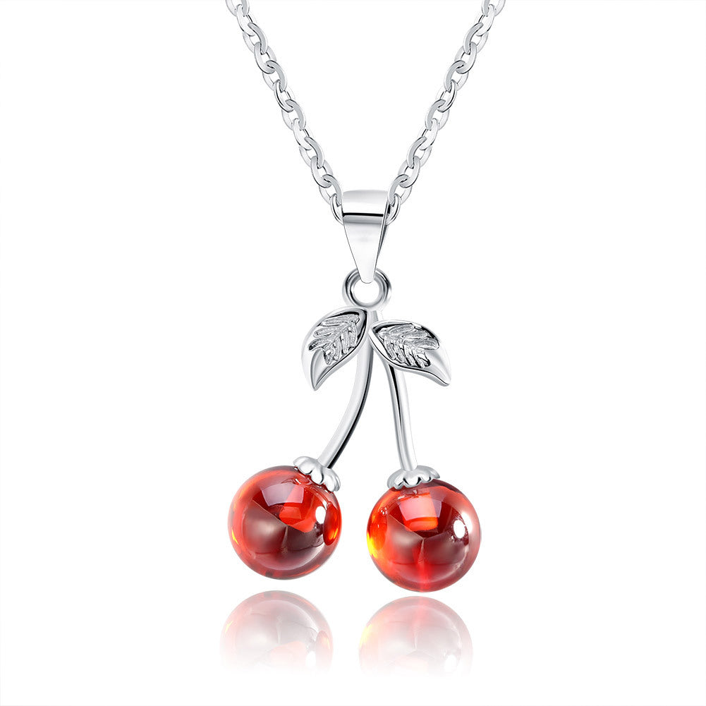 Silver Stainless Steel Red Cherry Pendant Necklace, Round Red Bead Cherry Charm With CZ Inlaid Leaf Details Cable Chain