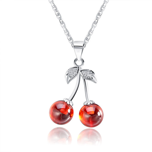Silver Stainless Steel Red Cherry Pendant Necklace, Round Red Bead Cherry Charm With CZ Inlaid Leaf Details Cable Chain