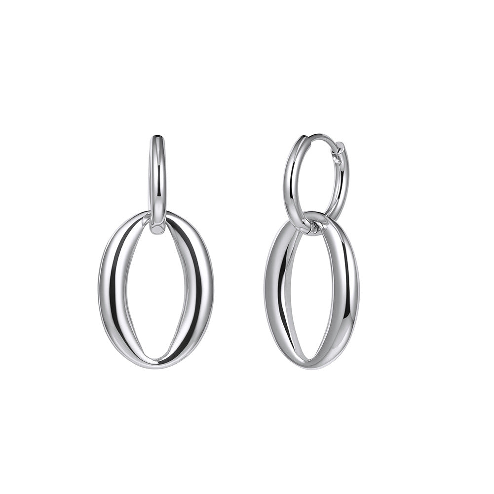 Silver Stainless Steel Double Interlocking Oval Hoop Drop Earrings