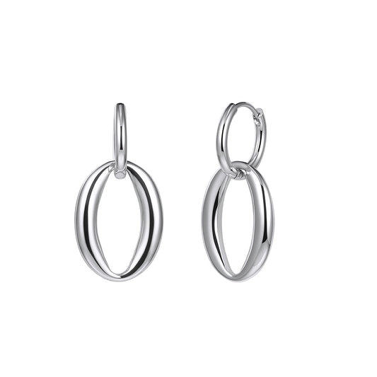 Silver Stainless Steel Double Interlocking Oval Hoop Drop Earrings