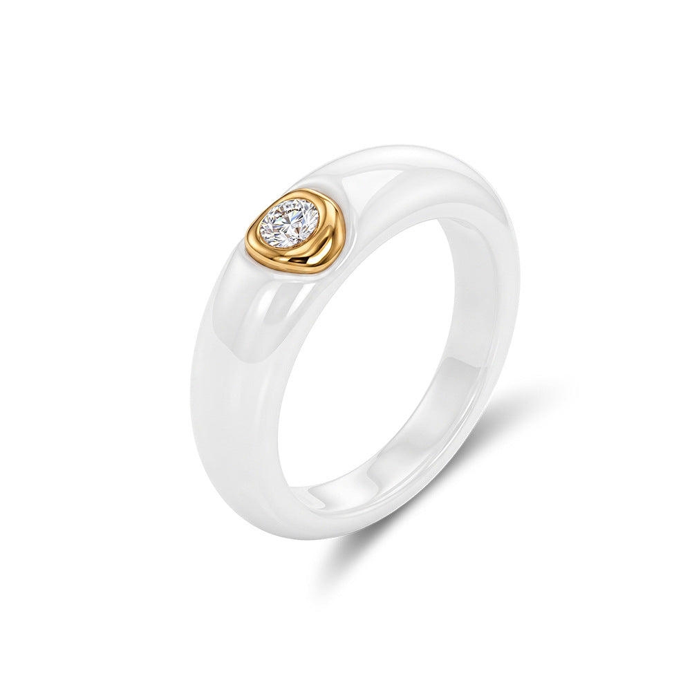 White Ceramic Ring with Gold Plated Stainless Steel Bezel Set Round CZ, Glossy Wide Band