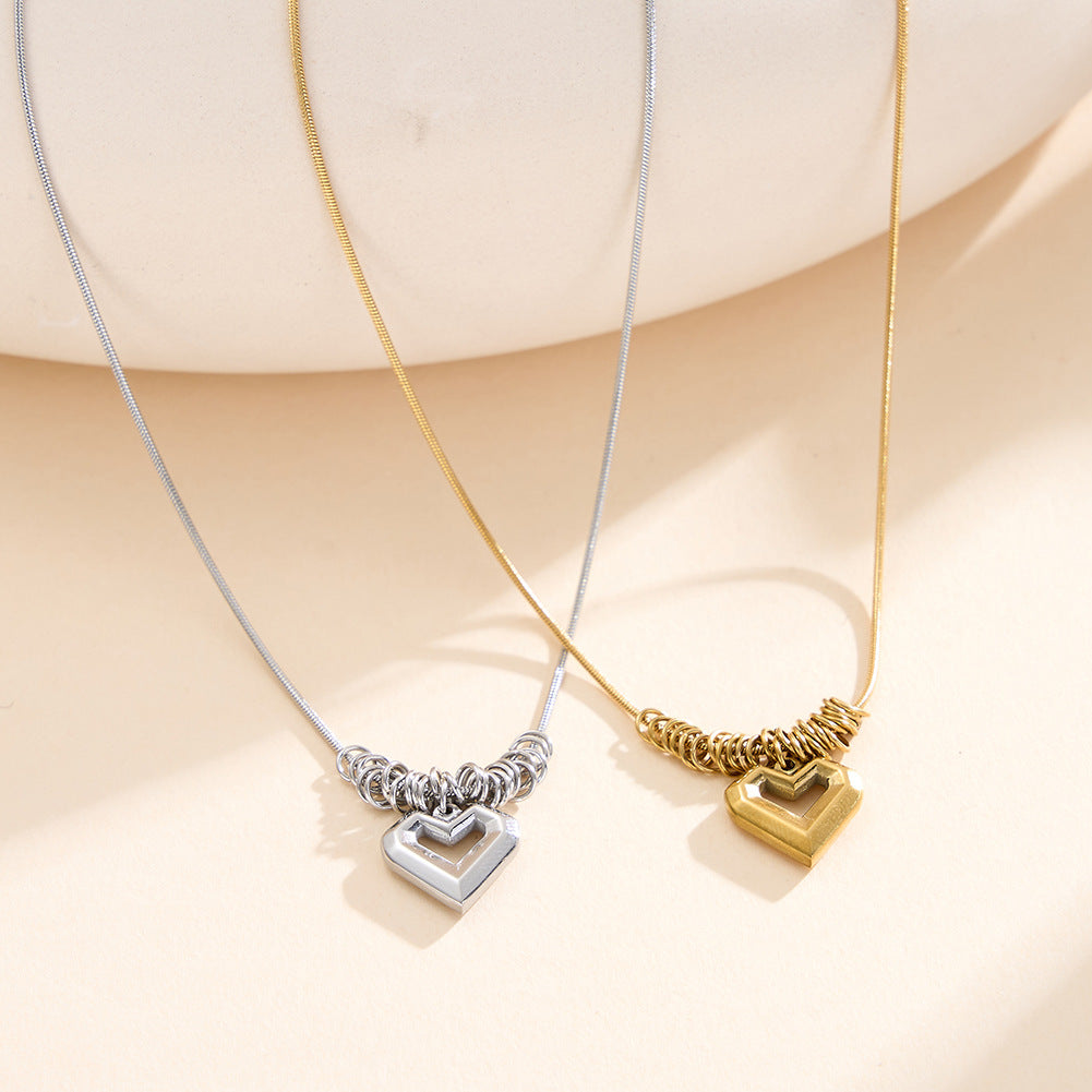 Gold Stainless Steel Hollow Heart Snake Chain Necklace, Multi Spring Wire Coil Accents Open Heart Geometric Pendant