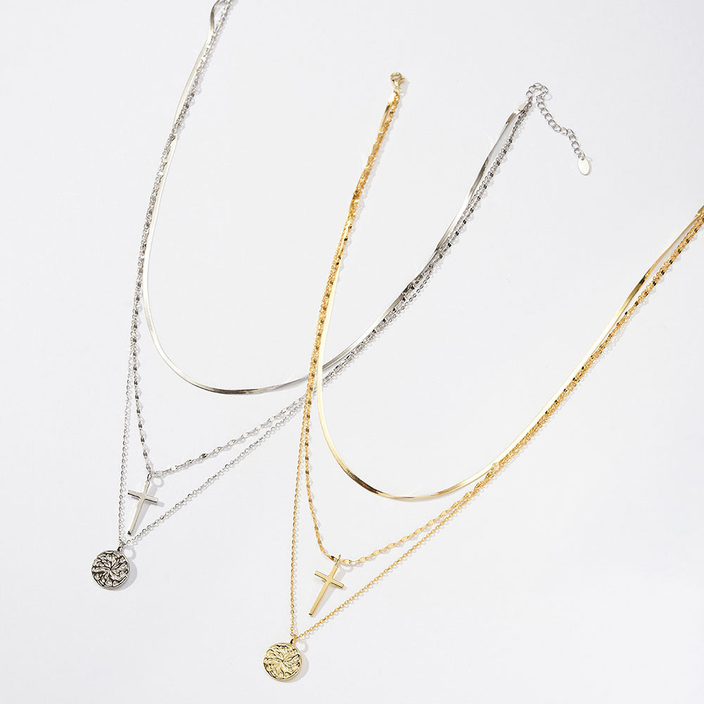 Gold Stainless Steel 3 Layer Stacked Necklace, Flat Snake Chain, Simple Cross Pendant & Engraved Round Coin Charm