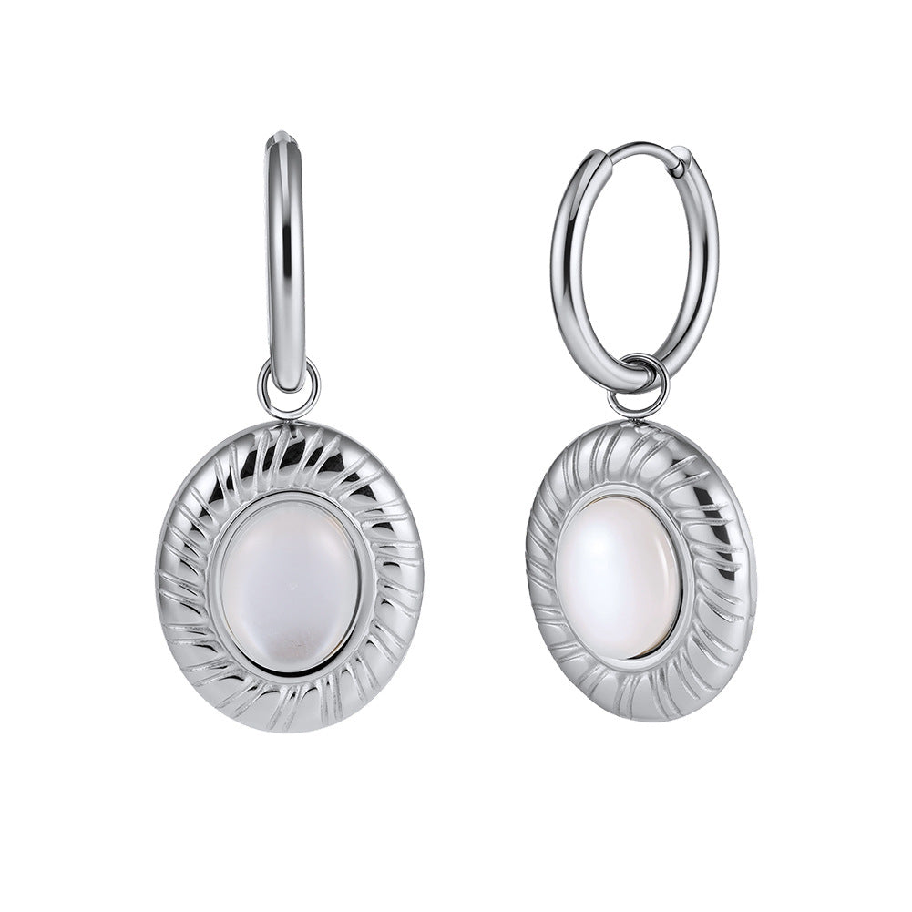 Silver Stainless Steel Sunburst Oval White Cabochon Charm Huggie Drop Earrings