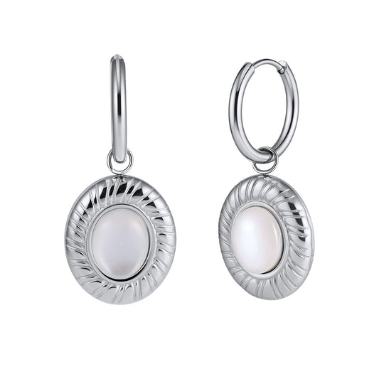 Silver Stainless Steel Sunburst Oval White Cabochon Charm Huggie Drop Earrings