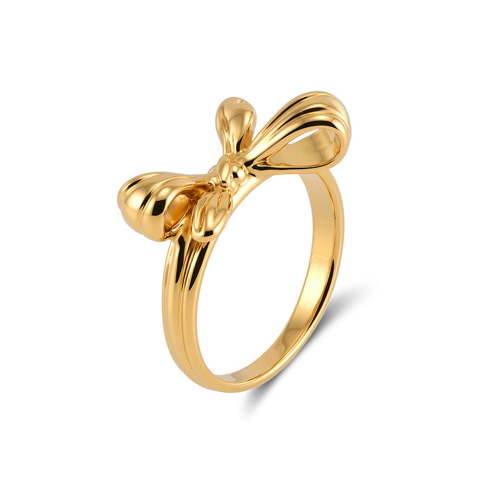 Gold Plated Stainless Steel Polished 3D Bow Knot Statement Ring