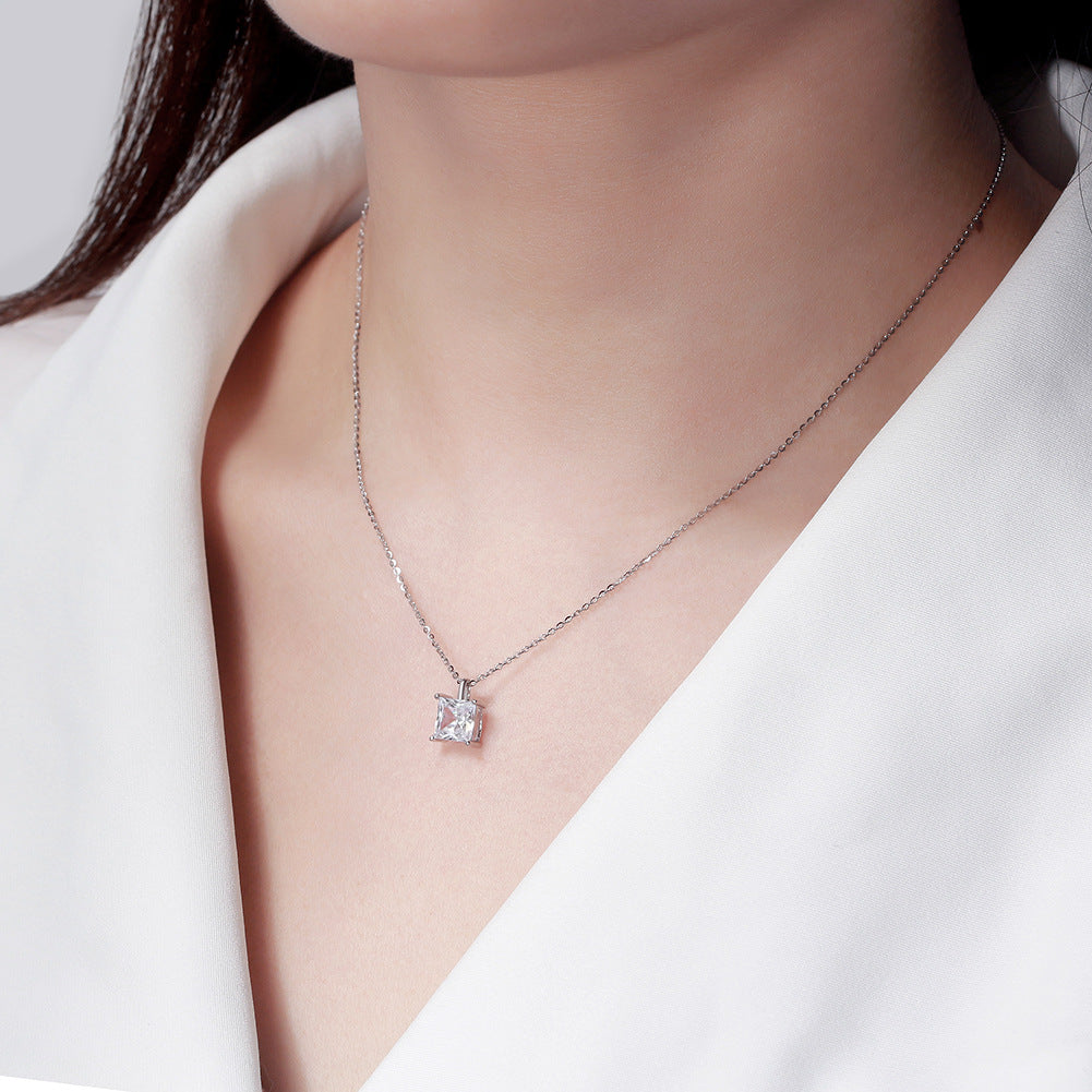 Gold Stainless Steel Princess Square Cut CZ Pendant Necklace, Square Clear Cubic Zirconia 4-Prong Solitaire Pendant Necklace