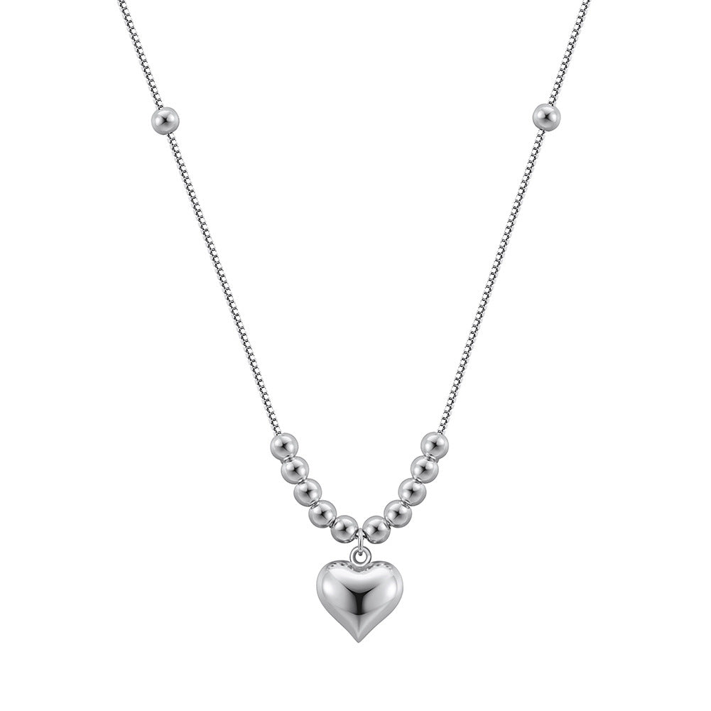Silver Stainless Steel Ball Beaded Heart Pendant Necklace, Gradient Round Ball Chain Puffy 3D Heart Charm Necklace