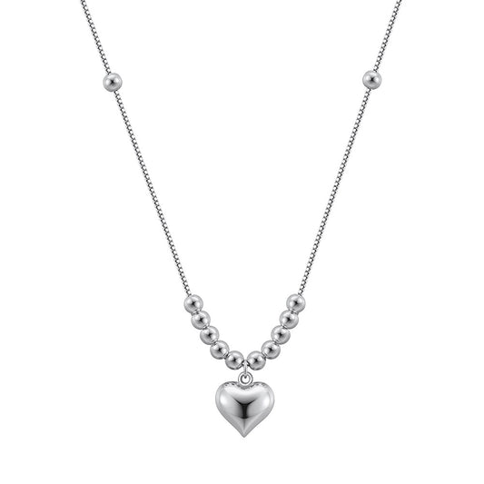 Silver Stainless Steel Ball Beaded Heart Pendant Necklace, Gradient Round Ball Chain Puffy 3D Heart Charm Necklace