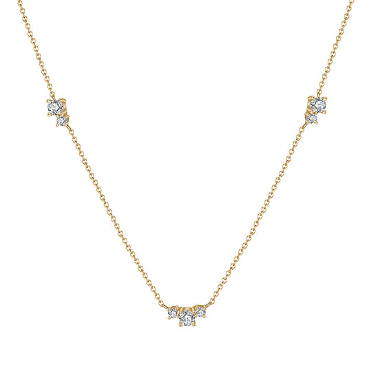 Gold Stainless Steel CZ Station Necklace, Round Clear Cubic Zirconia Three Stone Side & Center Sparkling Choker Necklace