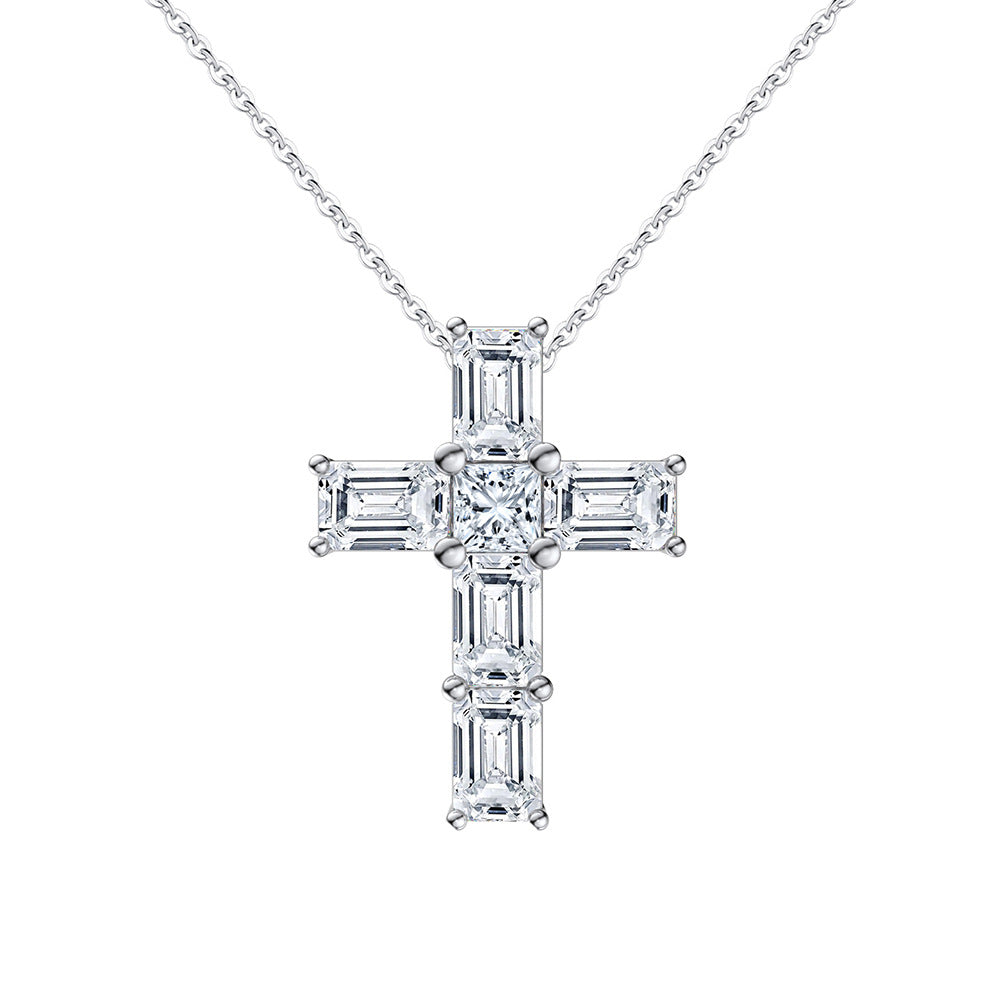 Silver Stainless Steel Cross CZ Necklace, Multi-Emerald Cut & Round Clear Cubic Zirconia Cross Pendant Cable Chain