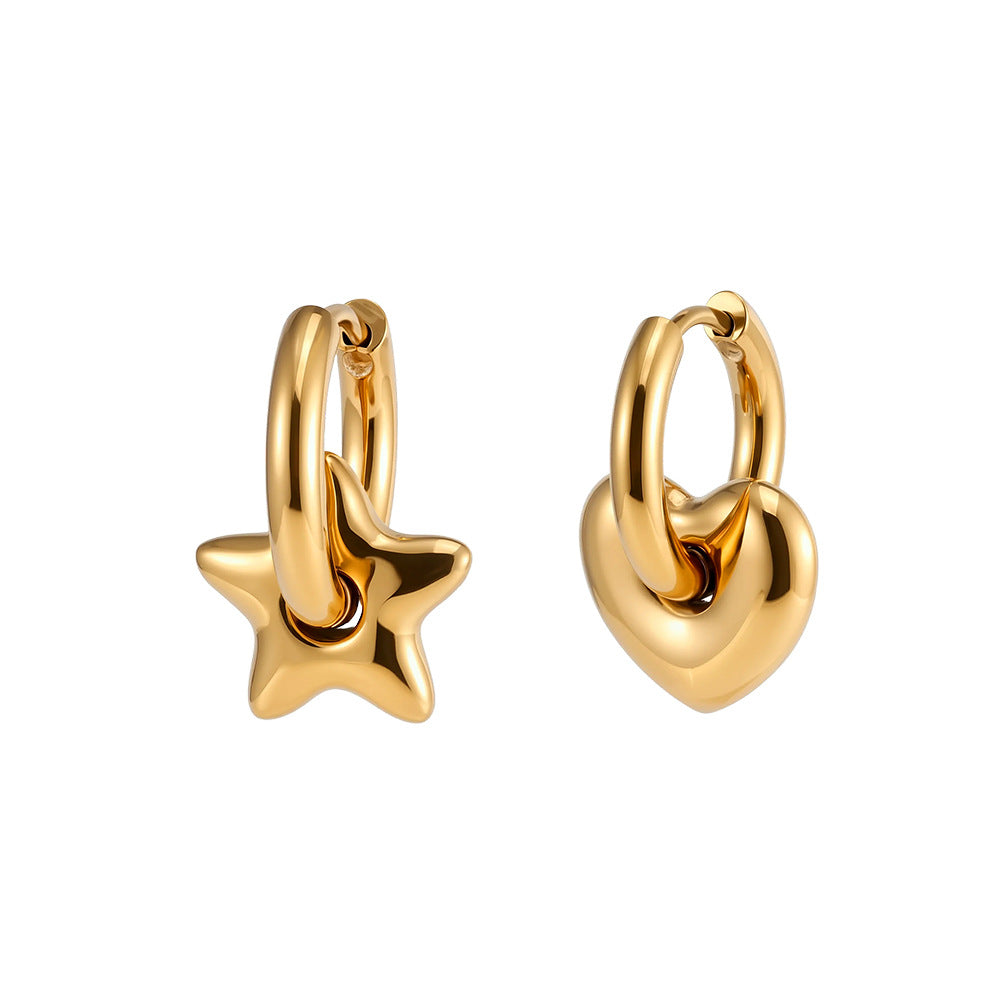 Gold Plated Stainless Steel Interchangeable Star & Heart Charm Huggie Hoop Earrings