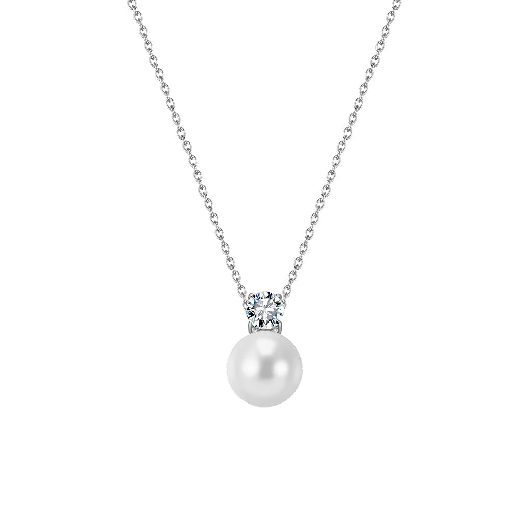Silver Stainless Steel Dainty Rolo Chain Necklace, Large Round White Pearl Pendant with Round CZ Stone Top