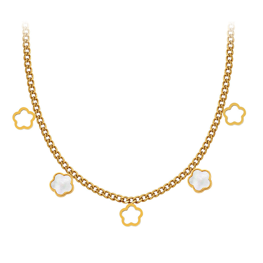 Gold Stainless Steel Clover Cuban Choker, Hollow Clover Outline & White Shell Inlaid Clover Dangling Charms, Cuban Link Chain
