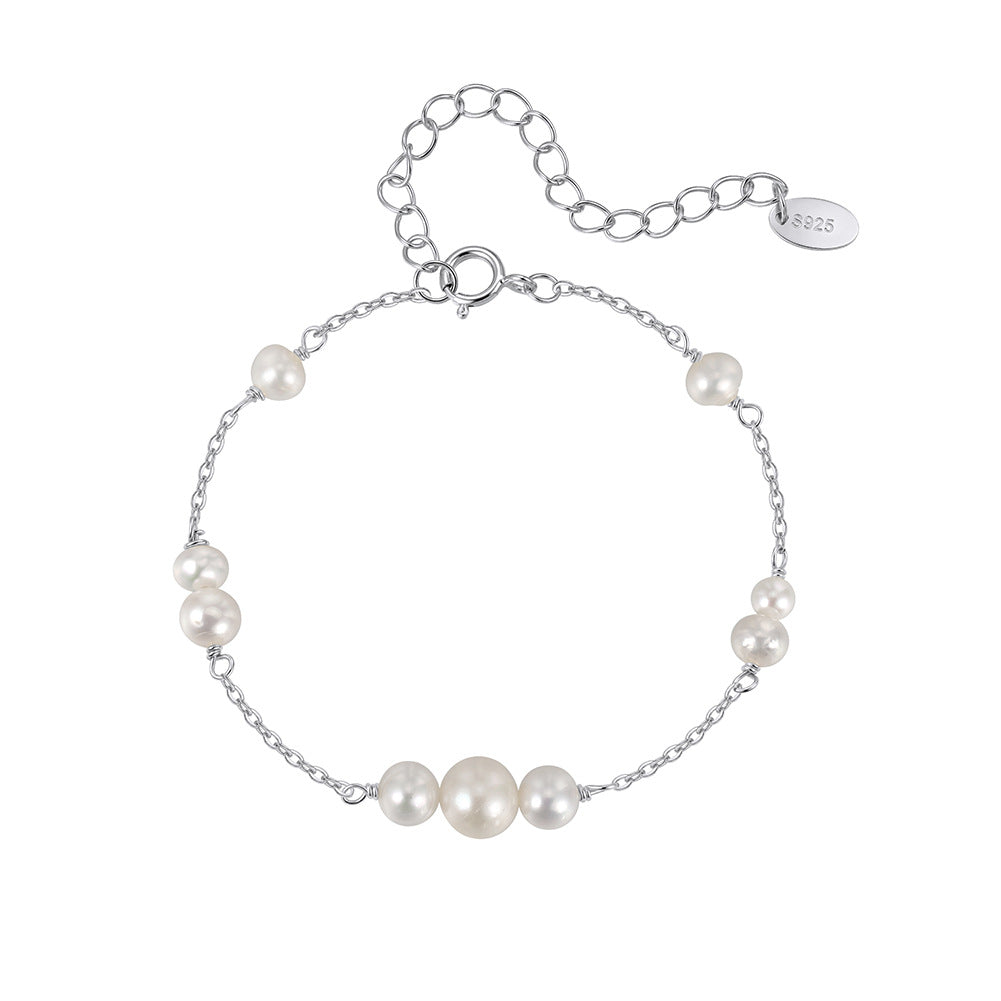 S925 Sterling Silver Dainty Chain Bracelet, Graduated Lustrous Round Freshwater Pearls Arranged on Thin Cable Chain, Adjustable Extension Chain