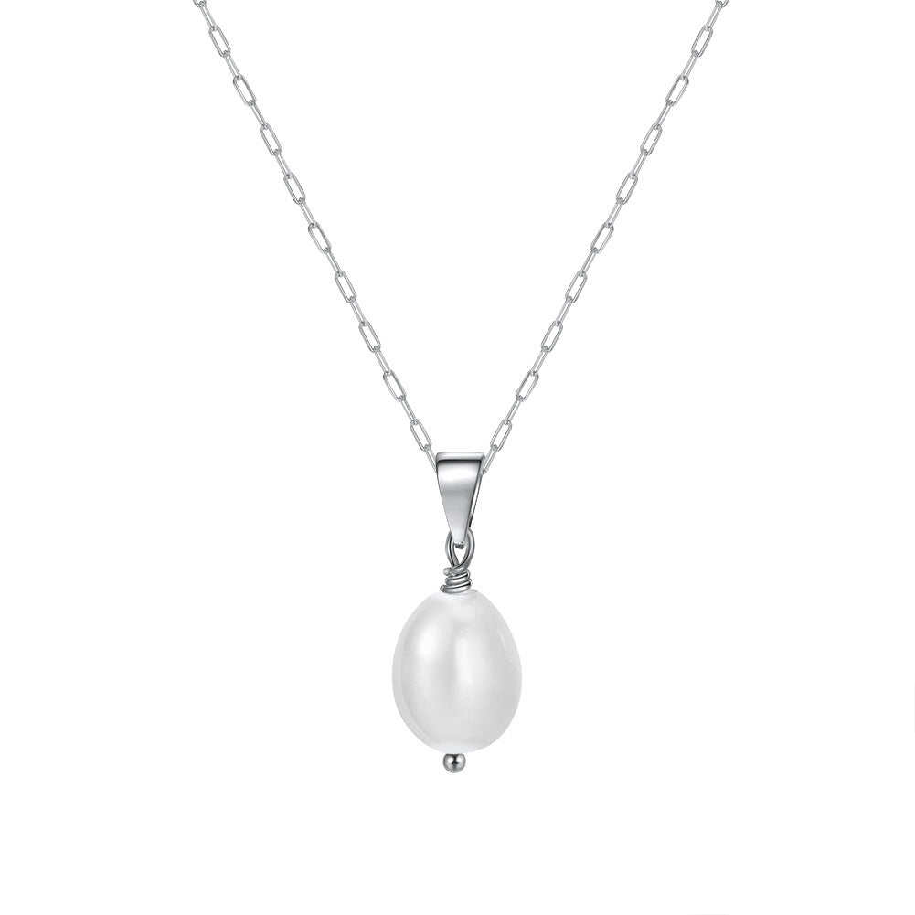 Silver Paperclip Chain Necklace, Single Teardrop Lustrous Freshwater Pearl Wire Wrapped Solitaire Pendant