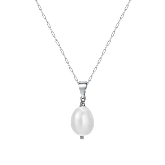 Silver Paperclip Chain Necklace, Single Teardrop Lustrous Freshwater Pearl Wire Wrapped Solitaire Pendant
