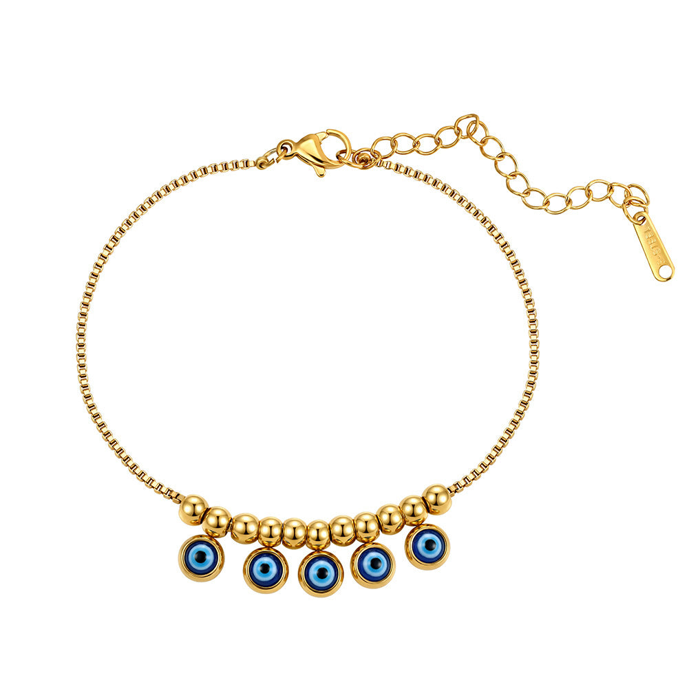Gold Plated Stainless Steel Box Chain Bracelet, Evil Eye Charms Dangling with Gold Beads, Adjustable Size