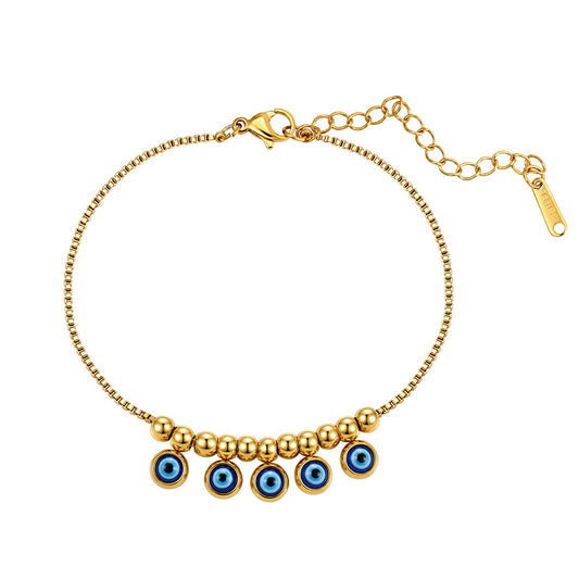 Gold Plated Stainless Steel Box Chain Bracelet, Evil Eye Charms Dangling with Gold Beads, Adjustable Size