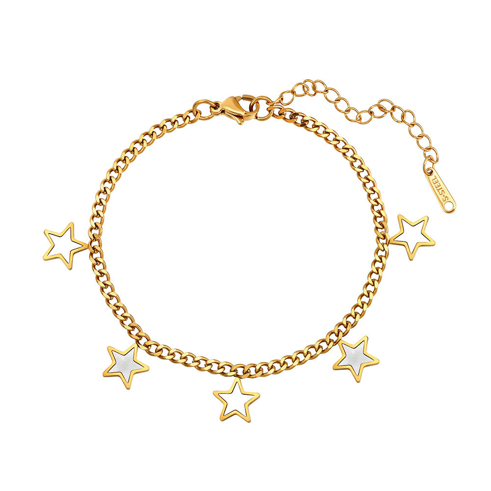 Gold Plated Stainless Steel Curb Chain Star Bracelet, Hollow Star Outlines & White Mother of Pearl Inlaid Star Pendants