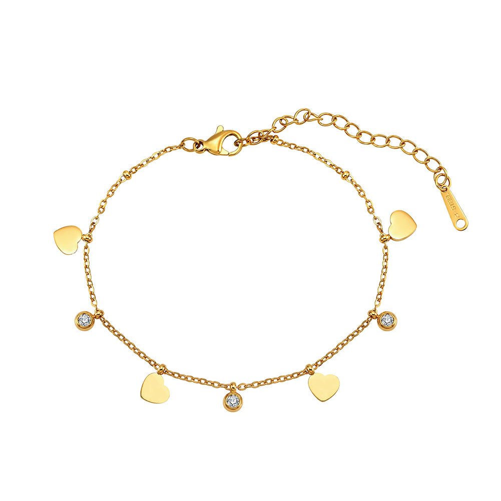 Gold Plated Stainless Steel Heart Charm Bracelet, 4 Flat Heart Pendants & 3 Bezel Round CZ Stones, Thin Cable Chain