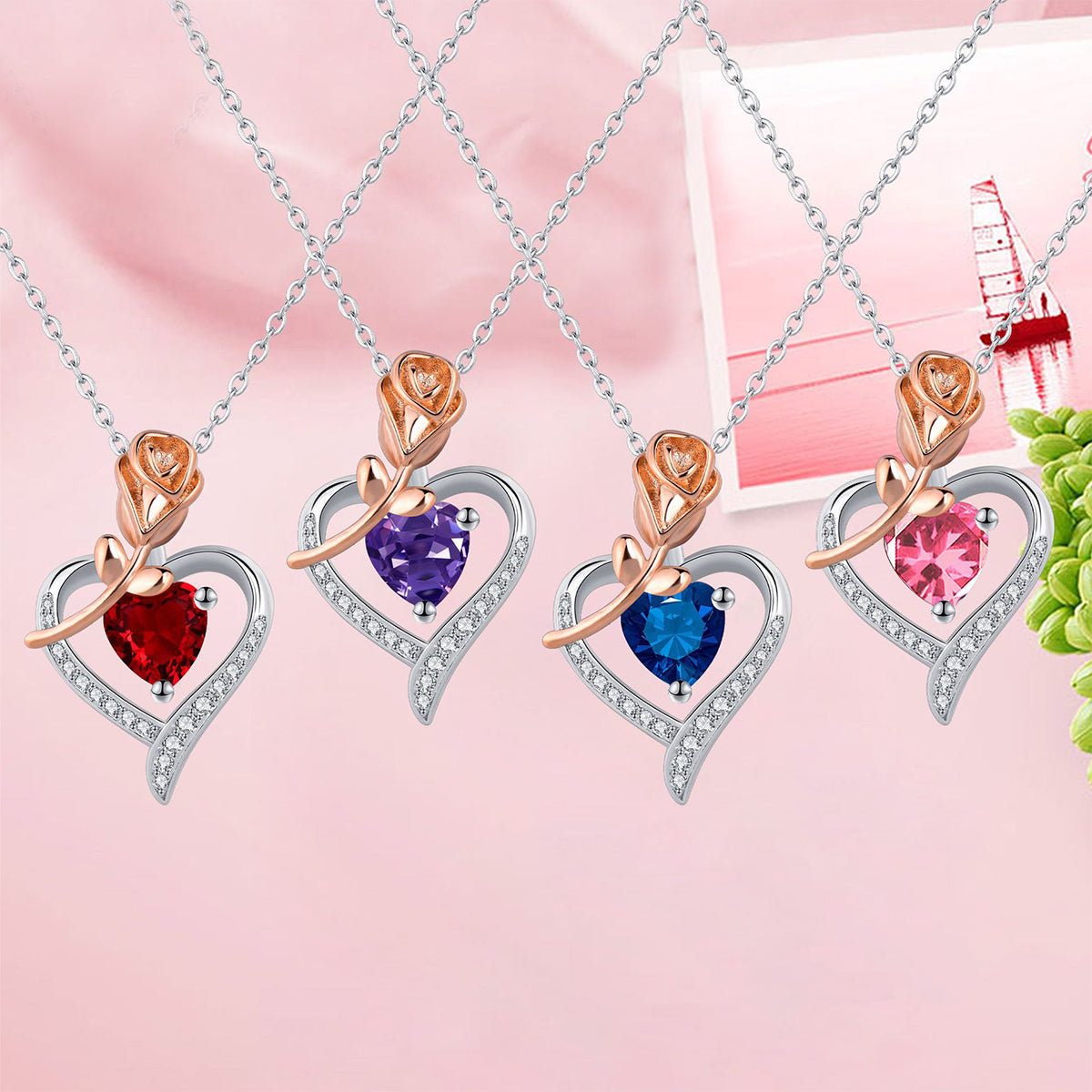 Copper With Silver/Rosegold Plated Heart Rose Pendant Necklace