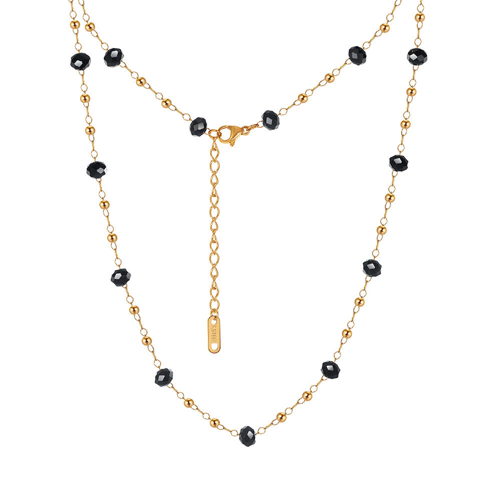Gold Stainless Steel Double Strand Beaded Necklace, Faceted Black Crystal & Tiny Gold Ball Station Chain, Adjustable Extension