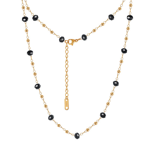 Gold Stainless Steel Double Strand Beaded Necklace, Faceted Black Crystal & Tiny Gold Ball Station Chain, Adjustable Extension
