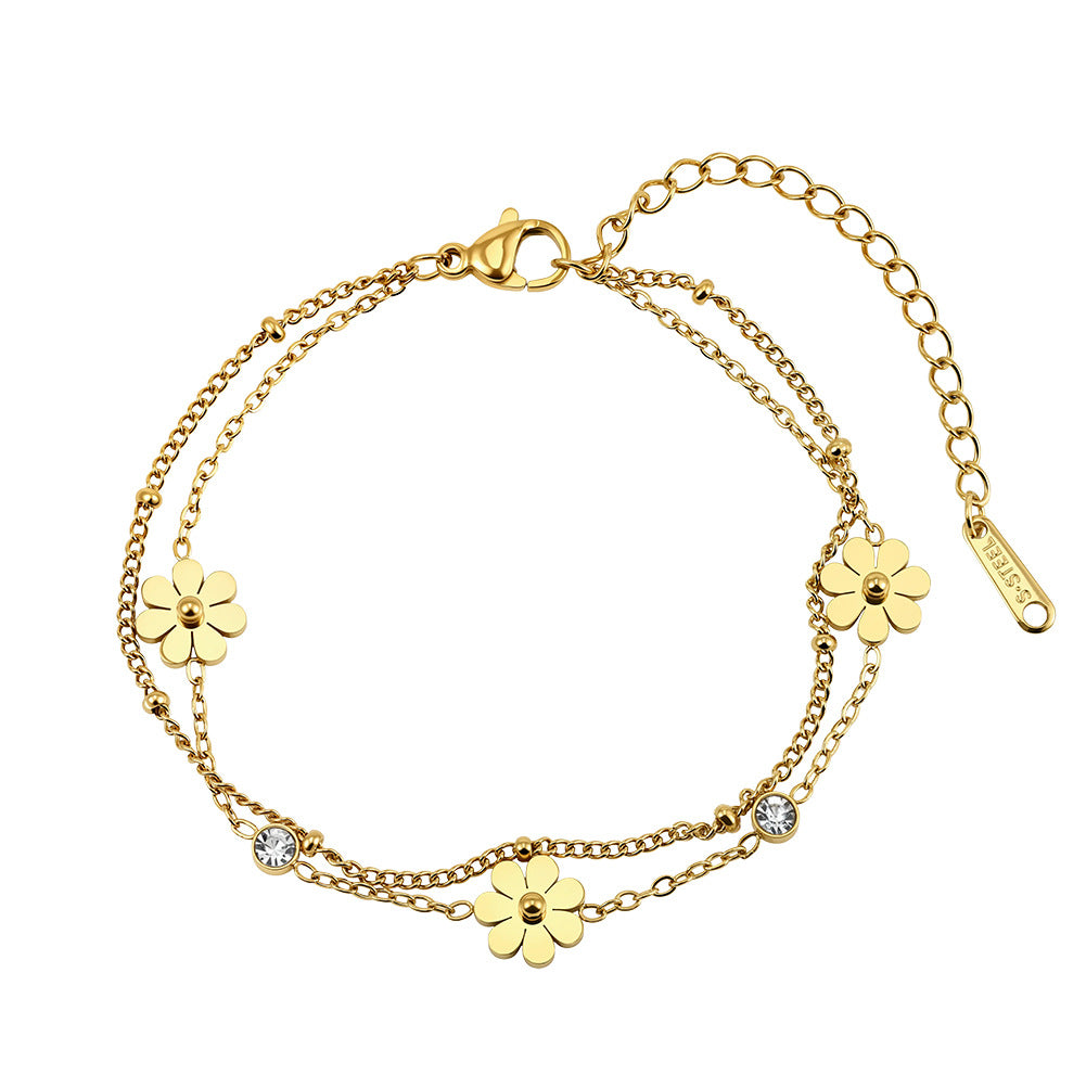 Gold Plated Stainless Steel Double Layer Daisy Bracelet, 3 Daisy Charms with 2 Round CZ Stones, Stackable Two Strand Chain