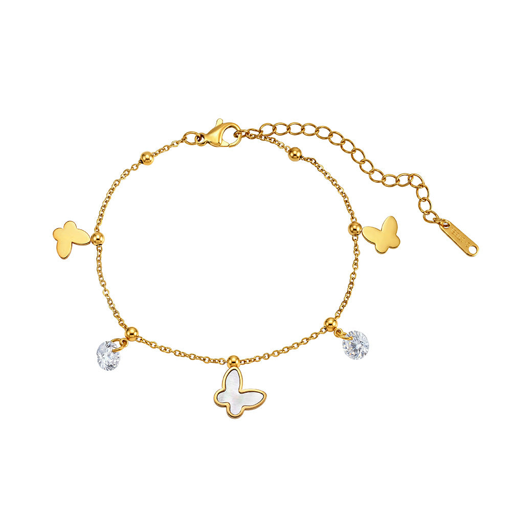 Gold Plated Stainless Steel Dainty Cable Chain Butterfly Bracelet, Mix Butterfly Charms with Round CZ Crystals & Metal Spacer Beads
