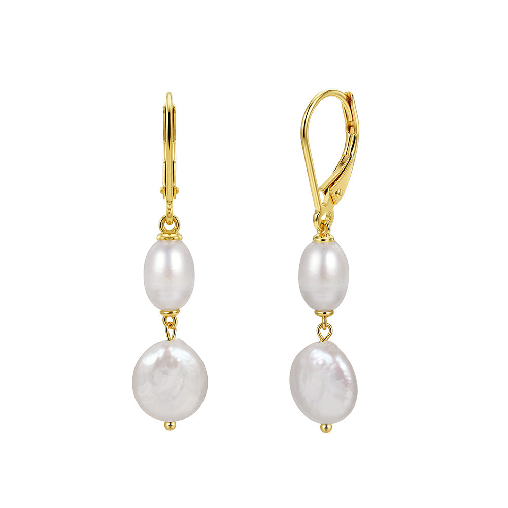S925 Sterling Silver Leverback Pearl Drop Earrings, Oval Rice Pearl and Coin Baroque Freshwater Pearl Two-Tier Dangle Earrings