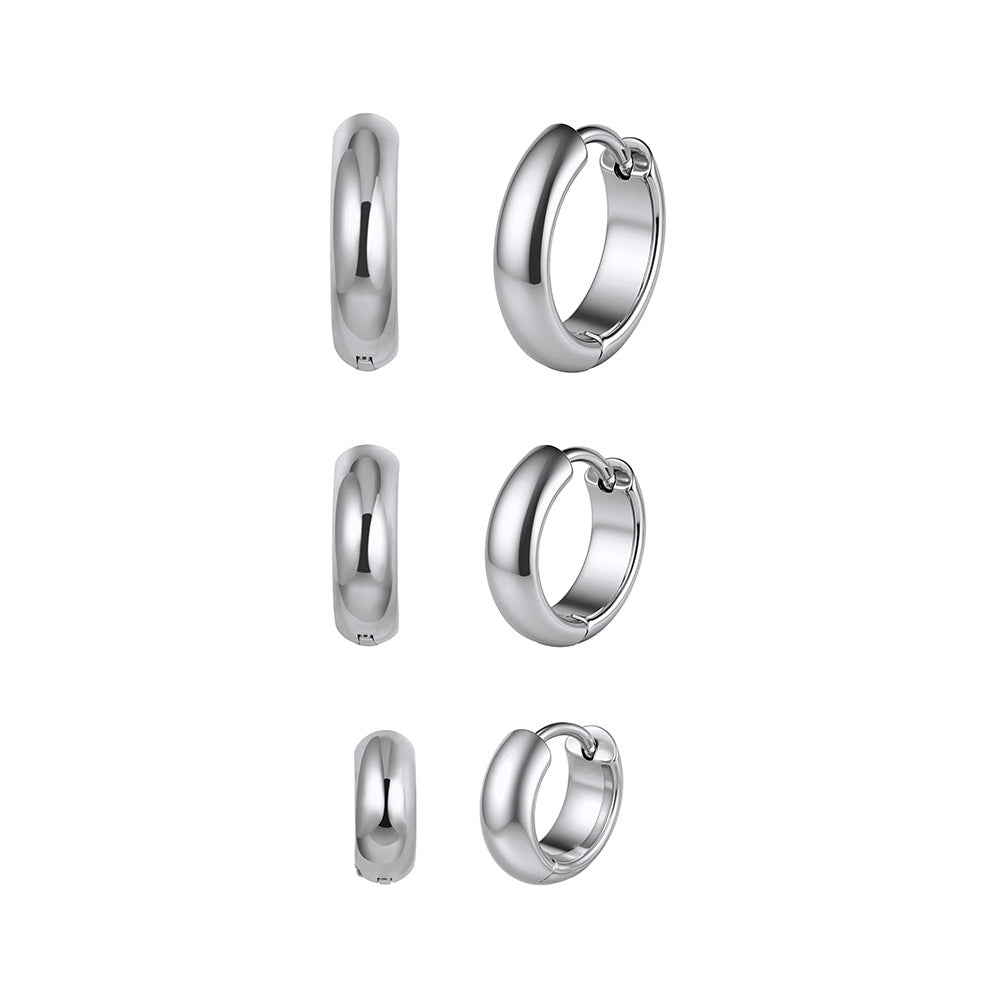 Silver Stainless Steel Chunky Wide Huggie Hoop Earrings, 3 Sizes Set