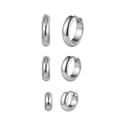 Silver Stainless Steel Chunky Wide Huggie Hoop Earrings, 3 Sizes Set