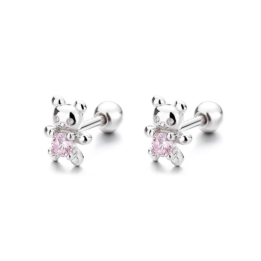 925 Sterling Silver Bear Screw Back Stud Earrings