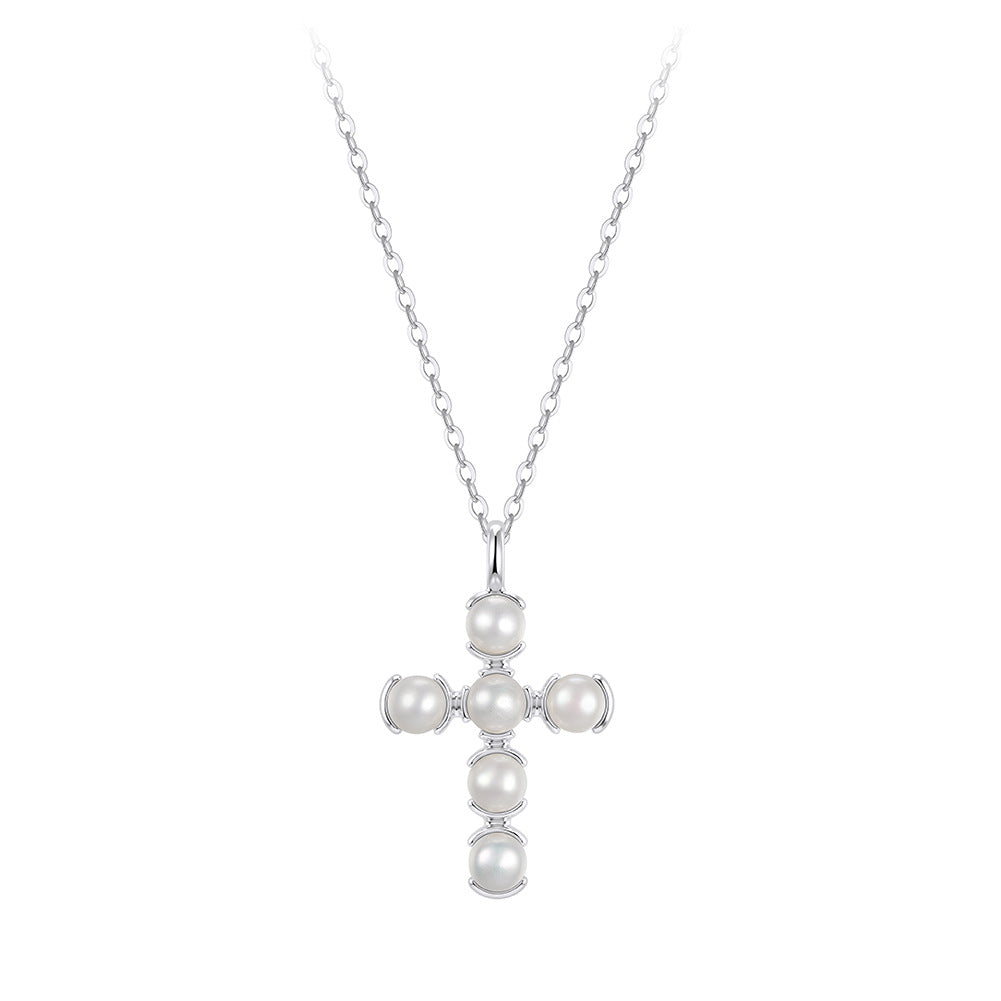 Cross Shape Freshwater Pearl Necklace, 6pcs Round Luminous Cultured Pearls Silver Cross Pendant