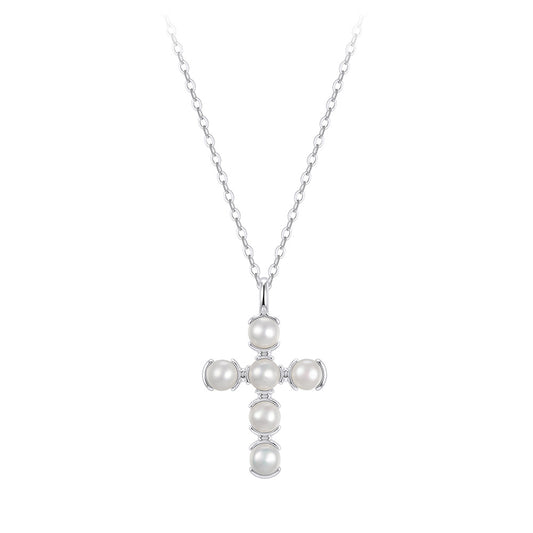 Cross Shape Freshwater Pearl Necklace, 6pcs Round Luminous Cultured Pearls Silver Cross Pendant