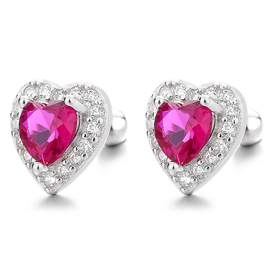 925 Sterling Silver Zircon Heart Screw Back Stud Earrings