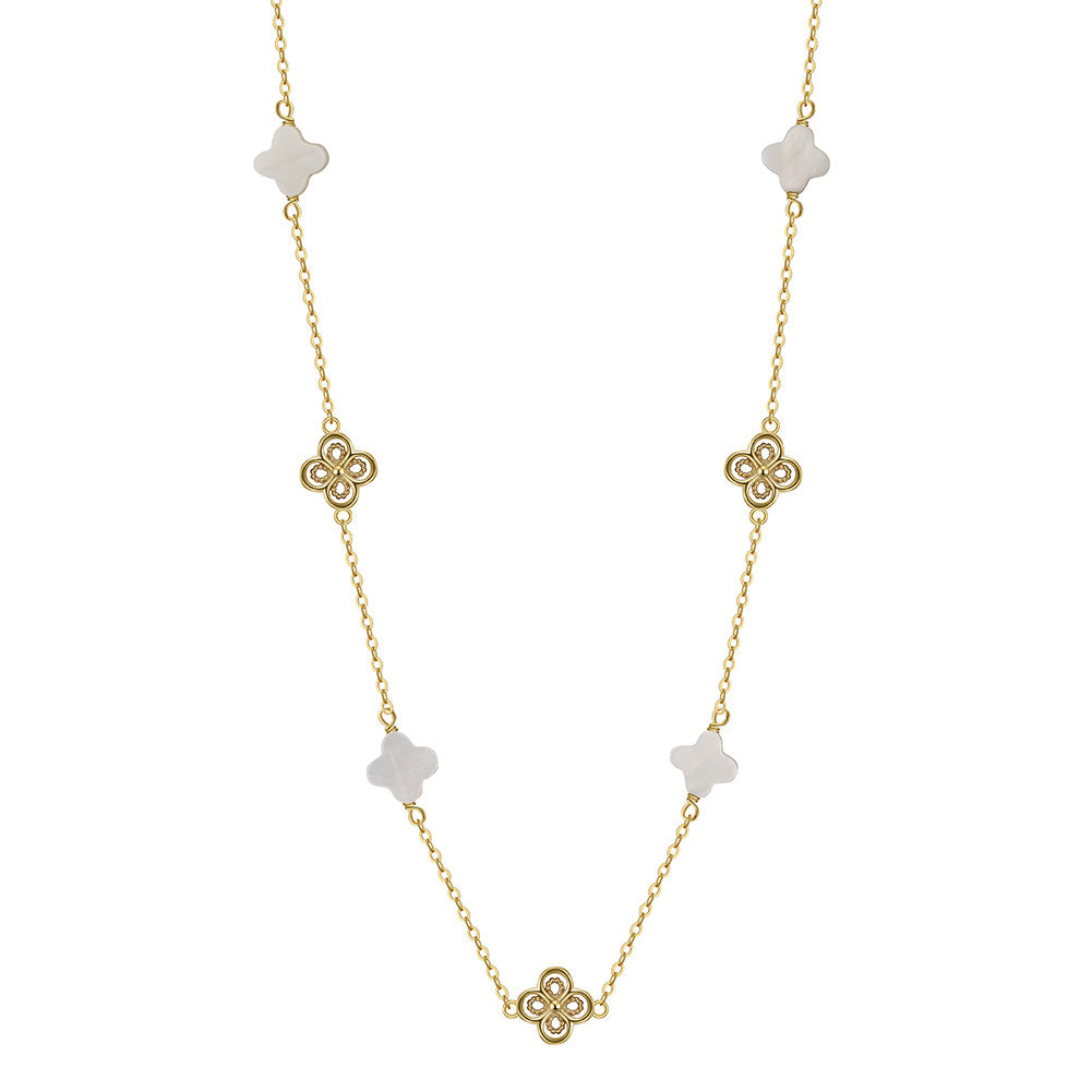Silver Mixed Clover Station Necklace, White Mother of Pearl Clovers paired with CZ Paved Four Leaf Clover Charms