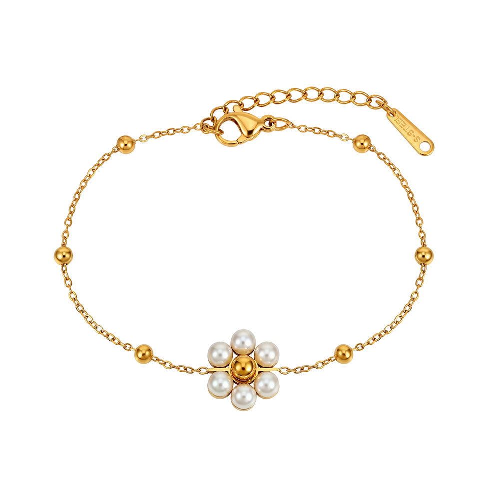 Gold Plated Stainless Steel Thin Cable Chain Bracelet, Pearl Daisy Flower Charm & Polished Metal Spacer Beads, Adjustable